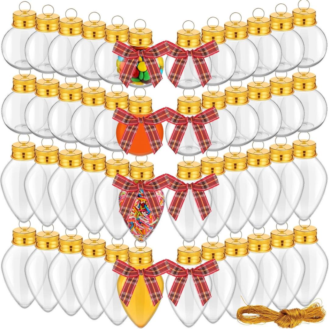 Sliner 48 Pack Christmas Fillable Ornament Balls Bulk Clear Xmas Plastic Ornaments Balls with Bow Tie and Rope for DIY Crafts Candy Christmas Party Decoration(Gold Rope)