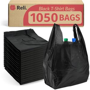 Reli. T-shirt Plastic Bags | 1,050 Pack | Black Plastic Bags with Handles (Plain) | Ideal for Grocery, Shopping, Food Take Out/To Go, Small Business