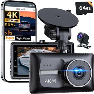 4K Front and FHD1080P Rear Dual Dash Cam Dash Camera,5.8G WiFi for Cars, 3.0" IPS Screen,UHD Night Vision 24H Parking, Dual 170 Wide Angle, WDR, G-Sensor,Free 64GB Card Can Supports 256GB Card Max