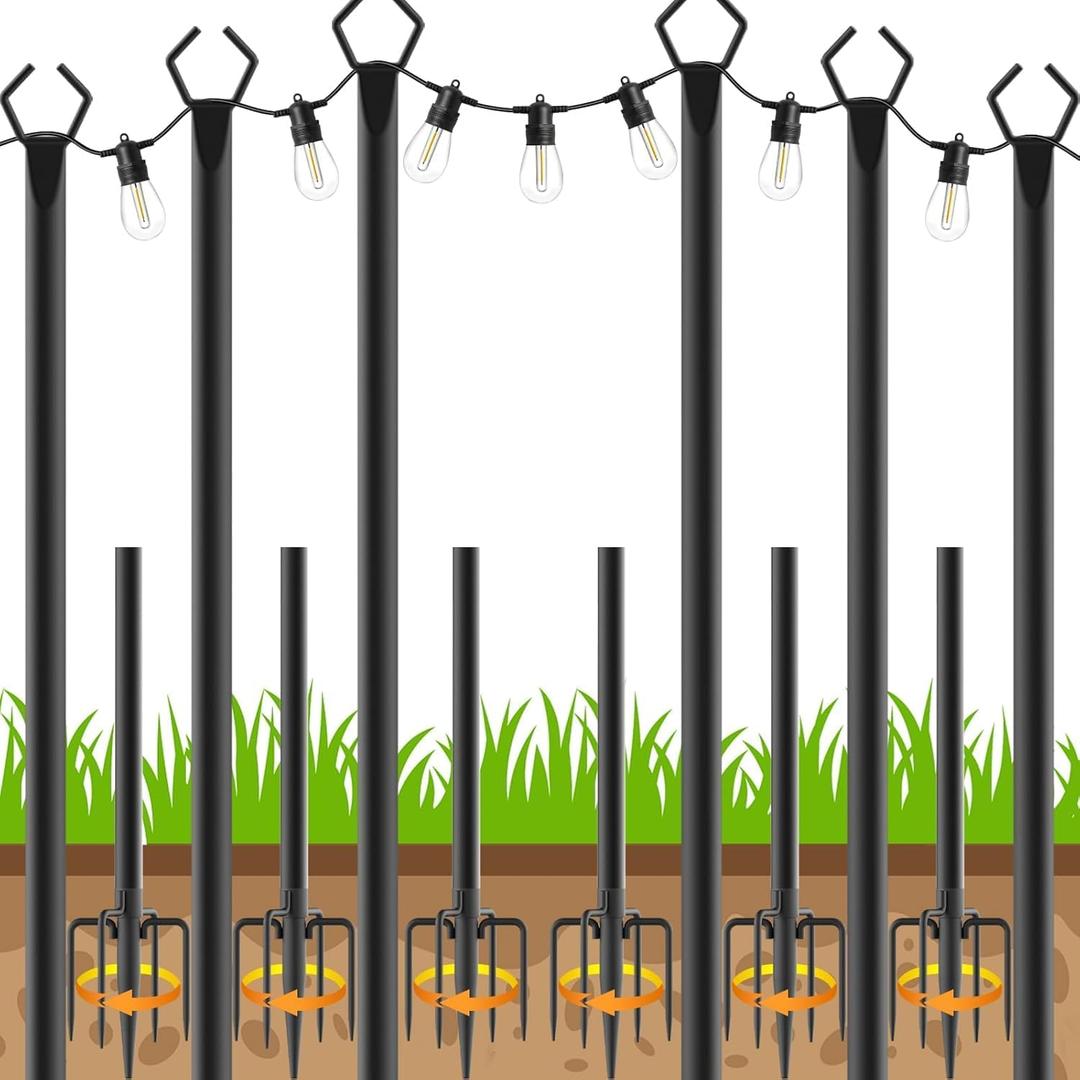 6 Pack String Light Poles, Outdoor String Light Pole 10ft Forked Metal Light Pole with Adjustable Outdoor Light Stand, Deck, Backyard, Garden, Wedding, Rustproof and Sturdy with Hooks