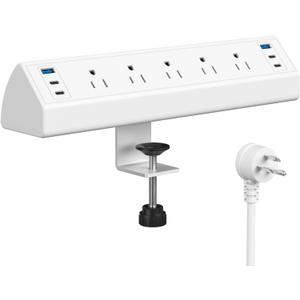 Desk Clamp Power Strip USB C,ETL Listed,40W Total Fast Charging Station,4 PD 20W USB C Ports, Nightstand Edge Mount Power Strip with 5 AC Outlets Surge Protector,6ft Cord,Fit 1.96" Tabletop Edge (White)