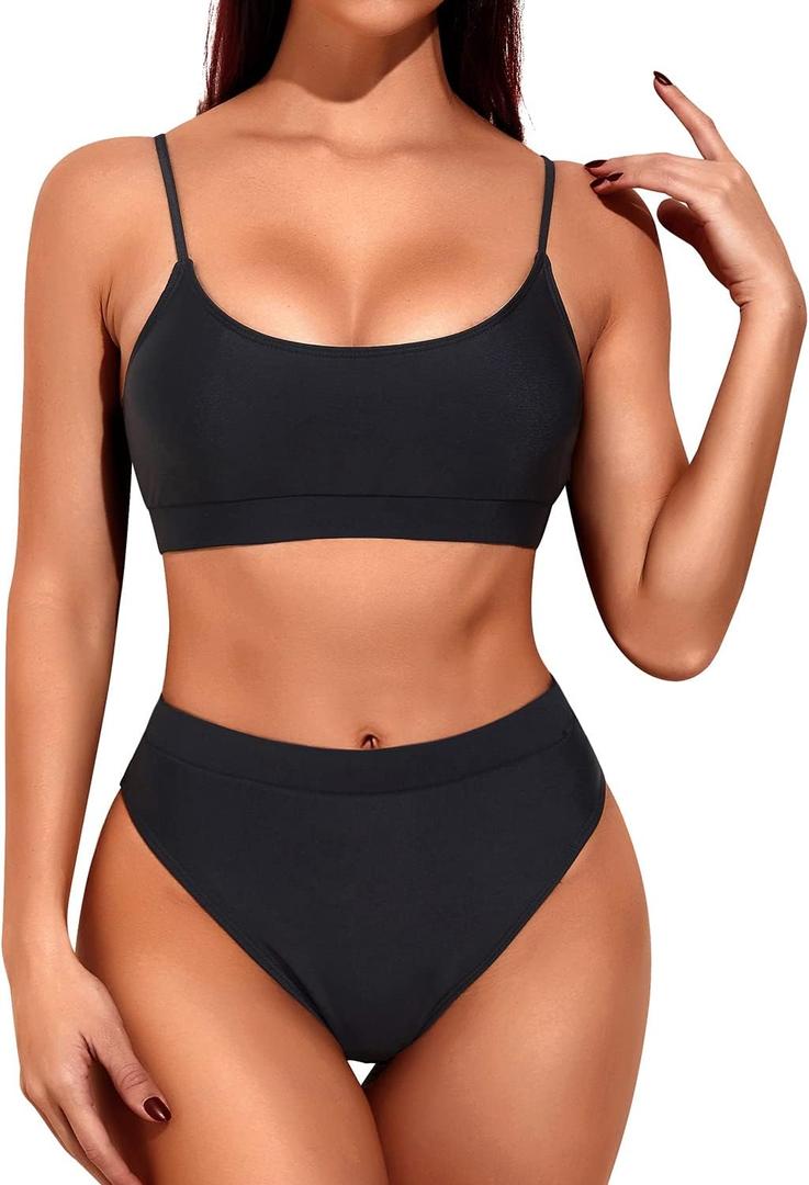 Tempt Me Women High Waisted Bikini Set Athletic Two Piece Swimsuits Sporty High Cut Bathing Suit with Scoop Neck (Small, Black)