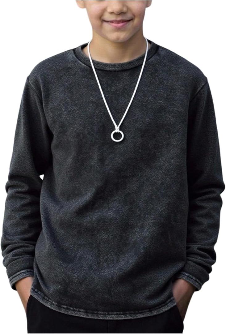 RoseSeek Boy's Washed T Shirts Long Sleeve Shirts Crew Neck Casual Fall Tee Tops Streetwear (Black)