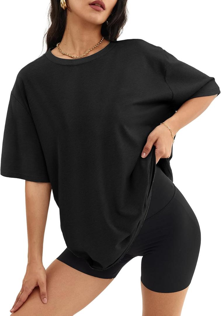 ATHMILE Womens Oversized T Shirts Loose Fit Crewneck Short Sleeve Tops Summer Casual Blouse Y2K 2026 Basic Tee Beach (XX-Large, Black)