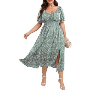 Womens Plus Size Dress Wedding Guest Cocktail Short Sleeve Stringy Selvedge V Neck Slit A Line Flowy Maxi Dresses (Green, XL)