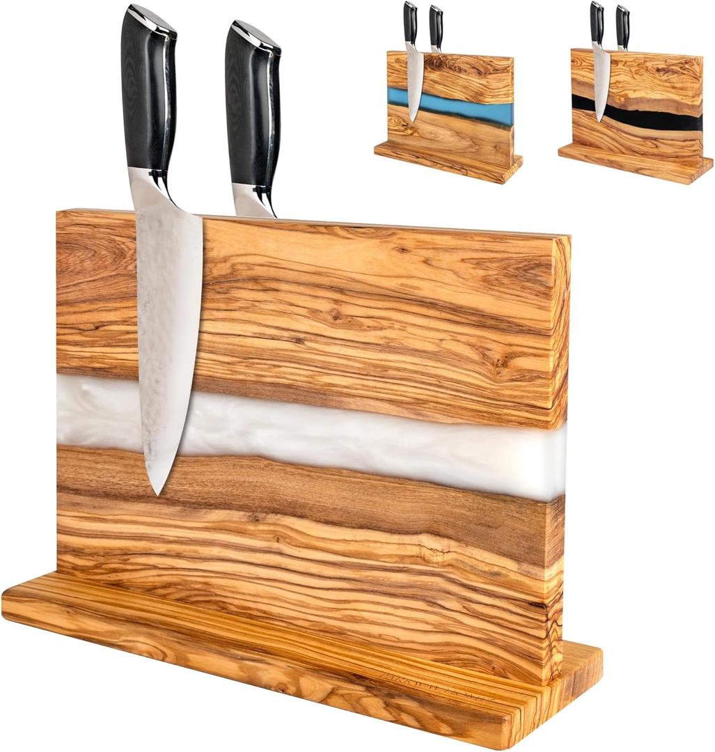 Magnetic Knife Block Stand - Italian Olive Wood Kitchen Knife Holder Rack with Resin Flow Design - Double Sided Strong Magnet Knife Block - Universal Knife Organizer Holds 18 Knives - White Pearl