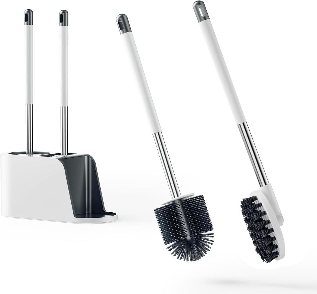 Toilet Brushs Set,Soft Silicone Bristle Brush and Durable Scrubbing Bristle Brush for Toilet,Stainless Steel and No-Slip Long Handle Brush with Ventilated Holder with Convenient Storage Rack, White