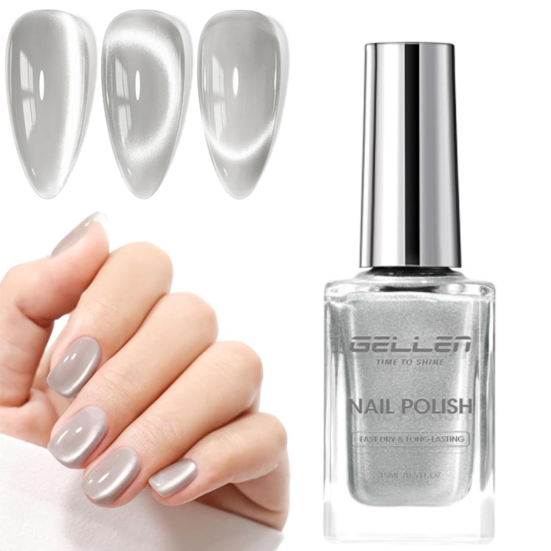 GELLEN Quick Dry Cat Eye Nail Polish, Magnetic Silver Fingernail Polish, Fast Drying Glitter Holographic Nail Polish Non Gel with Magnet Tool, DIY Salon Home, 0.51 Fl.oz (Liquid Galaxy)