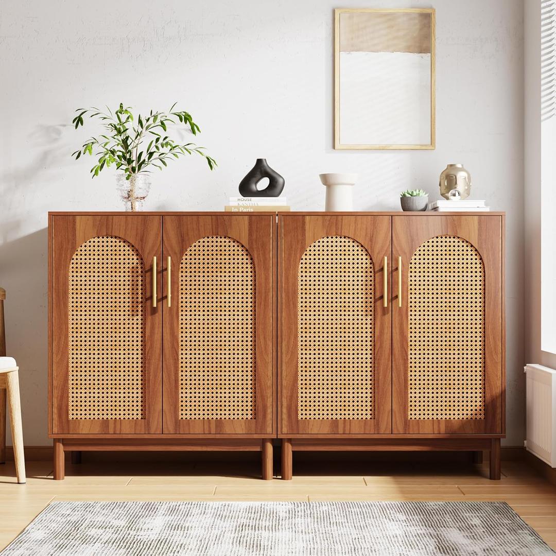 Tribesigns Set of 2 Rattan Sideboard Buffet with Storage, 59 Inch Accent Cabinet with Doors, Storage Cabinet for Dining Room, Living Room, Kitchen, Caramel Brown