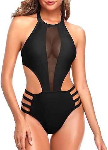 Tempt Me Women One Piece Sexy Mesh Swimsuit High Neck Halter Cutout Monokini Swimwear, M