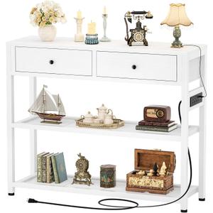Ecoprsio Entryway Table with Outlets and USB Ports, Console Table with 2 Drawers, Small Sofa Table with Storage Shelves for Living Room, Couch, Hallway, Foyer, Kitchen Counter, 32'', White