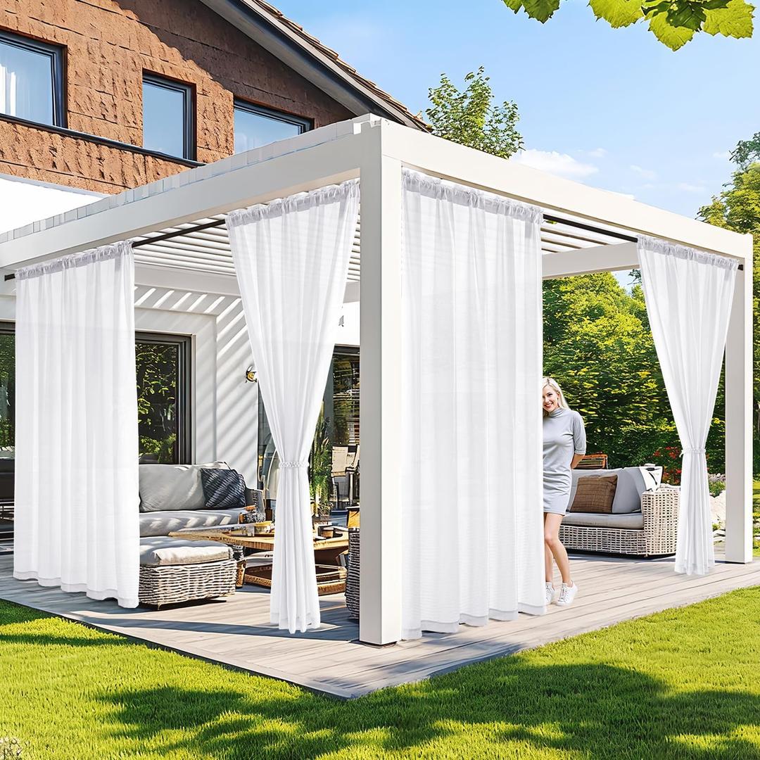 MIULEE White Privacy Outdoor Curtains Waterproof Non-See-Through Semi Sheer 2 Panels Set Elegant Rod Pocket for Patio, Porch, Pergola, Cabana, Gazebo, 52 X 84 Inch Long