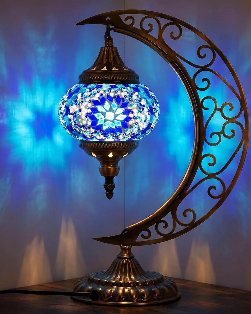 Baquler Turkish Mosaic Moon Lamp - Handmade Stained Glass Table Lamp with Metal Crescent Base, Bohemian Moroccan Bedside Night Light for Bedroom Living Room Decor, Unique Gift(Vintage Style)