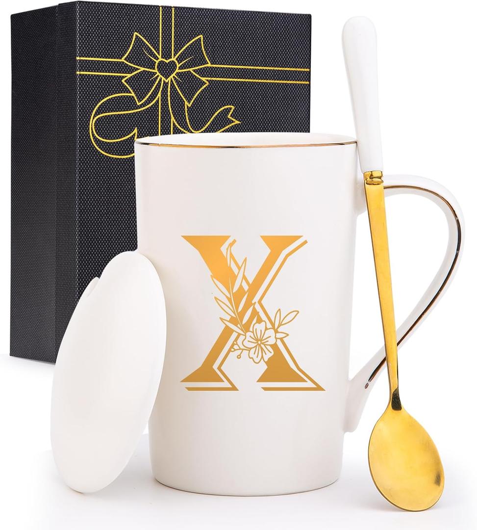 Letter X Personalized Initial Mugs with Flower, Letter X Personalized Coffee Mug, Customized Cool Letters Mugs for Women, Bridal Shower Gifts, Women's Initials Gifts Mug 14 OZ Matte White