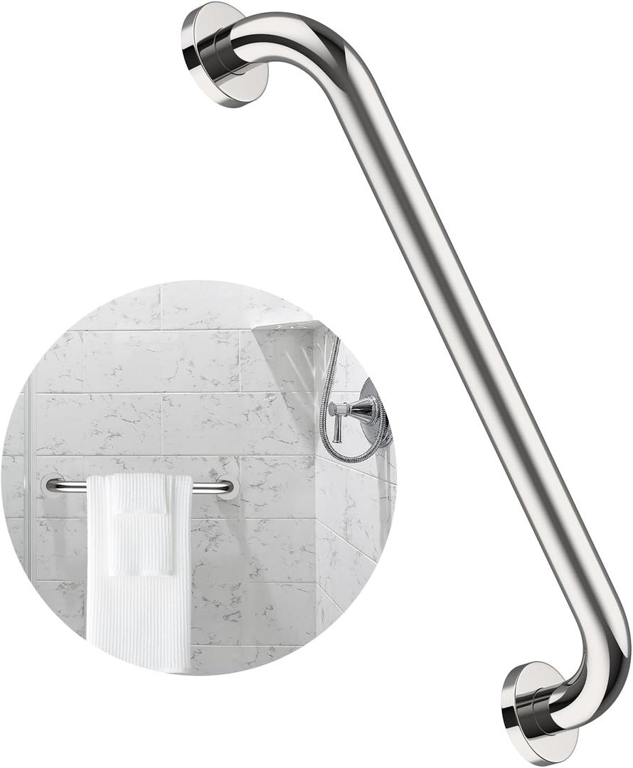 16 Inch Stainless Steel Shower Grab Bar, ZUEXT Chrome Shower Handle, Bathroom Balance Bar, Safety Hand Rail Support Bar for Handicap Elderly Injury, Senior Assist Bath Tub Wall Concealed Mount Handle (16Inch Shower Bar-Stainless Steel)