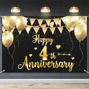 HAMIGAR 6x4ft Happy 4th Anniversary Banner Backdrop - 4 Wedding Anniversary Decorations Party Supplies - Black Gold