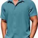 COOFANDY Mens Short Sleeve Button Down Shirts Waffle Shirt Casual Beach Summer Shirts Wrinkle Free Vacation Shirts (Small, Peacock Blue)
