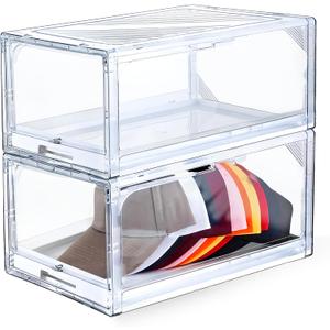 2 Pack Hat Organizer Box, Stackable Clear Baseball Caps Holder Box Containers for Hats Snapback Cap Storage, Hat Rack Display Case, Holds 12 Hats Each