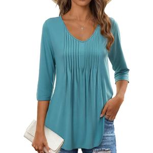MEROKEETY 3/4 Length Sleeve Womens Tunic Tops Summer Dressy Casual Pleated Loose Fit Shirt Blouses (S)