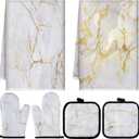 Sratte 6 Pcs Farmhouse Marble Kitchen Towels Pot Holders Oven Mitts Set 2 Dish Towels 2 Potholders 2 Cooking Mittens Oven Glove for Cooking Baking Grilling Supply (White, Gold)