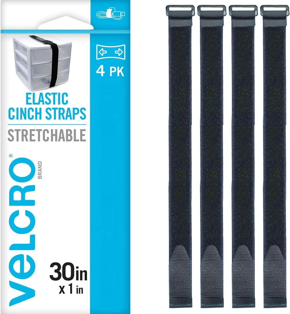 VELCRO Brand 30 Inch Elastic Straps 4 Pack | Stretchable and Adjustable For Snug Fit | Fasten Outdoor Umbrellas, Wood, Tarps, Blankets, Poles, More | Cinch with Buckle, Black 30x1"