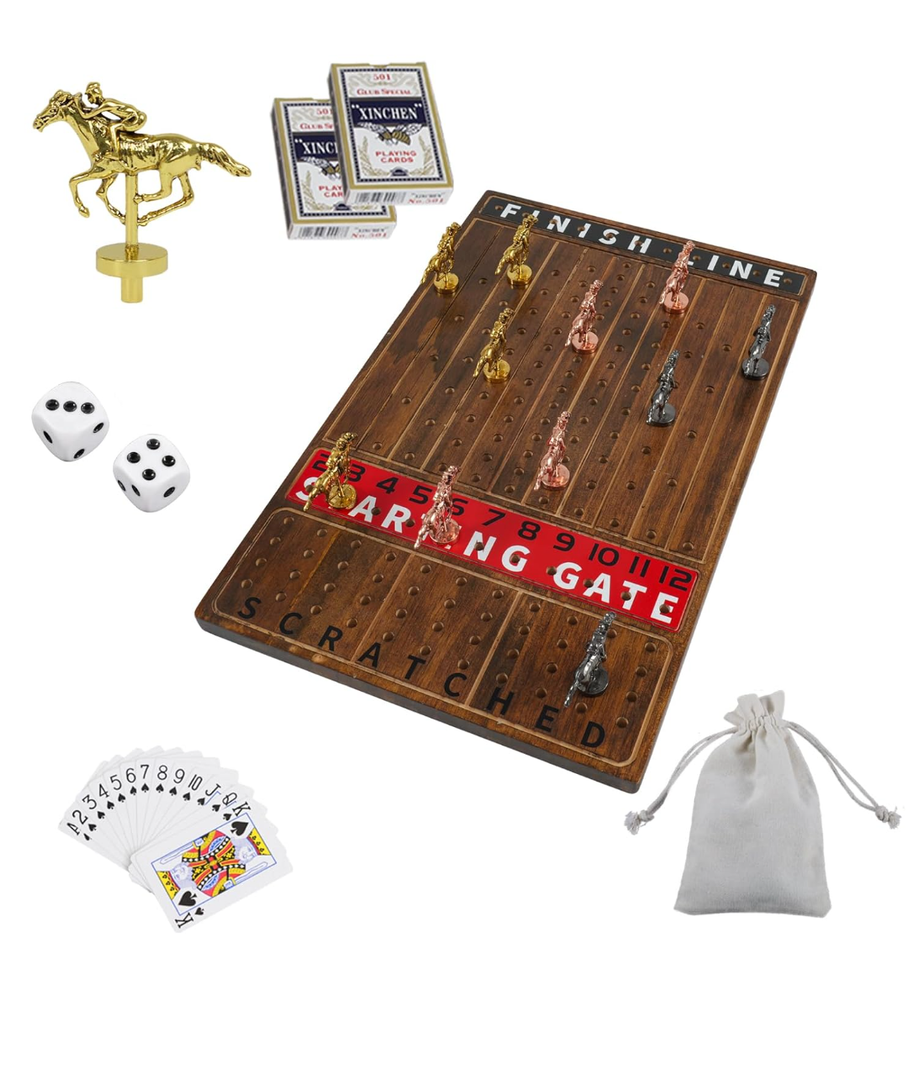 Horse Race Board Game Racing Game with 11 Luxurious Durable Classic Metal Horses Foldable Wood Horse Race Board Game with 2 Sets of Dice, 2 Boxes of Cards for Parties and Gambling