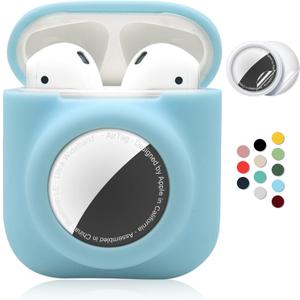 2 in 1 Silicone Protective Skin Cover Compatible with AirPod 1&2 and AirTag, Soft Comprehensive Protective Case with 2 PCS TPU Screen Protector, Anti-Scratch Anti-Fall Anti-Lost(Blue)