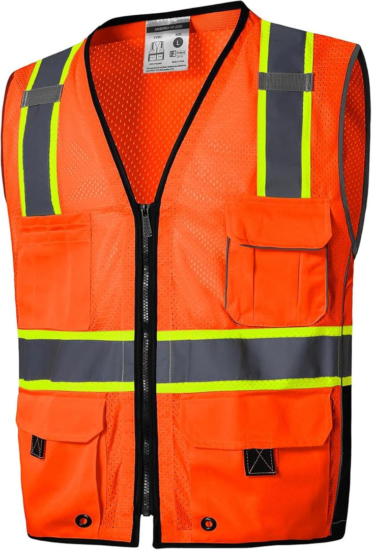 SKSAFETY 10 Pockets Professional Level Safety Vest - Class 2 High Visibility Vest with Zipper, ANSI/ISEA Standard - Construction Work Vest (Orange, M)