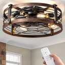 EDISHINE 21" Pre-Assembled Ceiling Fans with Lights Flush Mount, 10%-100% Dimmable, Rustic Low Profile Caged Ceiling Fan with Remote, Small Farmhouse Fan Light Ceiling for Kitchen Bedroom Brushed Gold