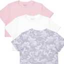 MAX ALLIE Women's Ultra Soft Cropped T Shirt Crew Neck Tees Casual Loose Fit Basic Lightweight (XX-Large, White/Camo/Pink)