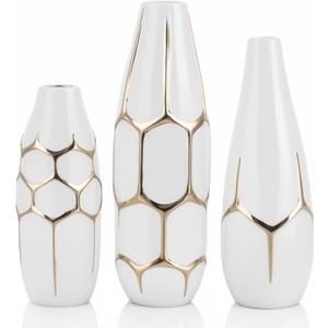 Ceramic Geometric Decorative Vase Set of 3, White and Gold Vases, Modern Home Decor Vases, Suitable for Living Room, Kitchen, Bedroom, Bathroom, Entryway Mantel, and TV Console Decor 