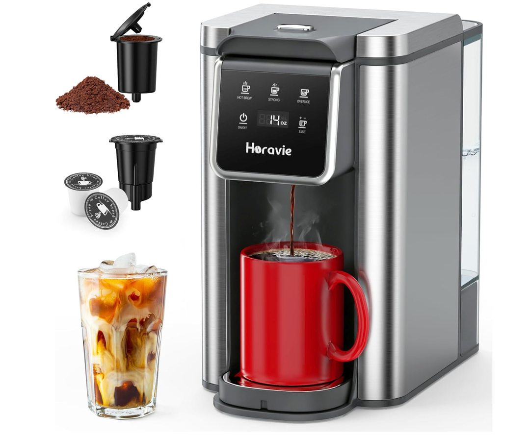 Single Serve Coffee Maker for K-Cup Pod and Grounds, Hot and Iced Coffee Maker, Stainless Steel Coffee Maker, Strong Button Feature, 6 to 14oz Brew Sizes, 50oz Removable Tank, Up to 6.5 Inch Cup, Grey