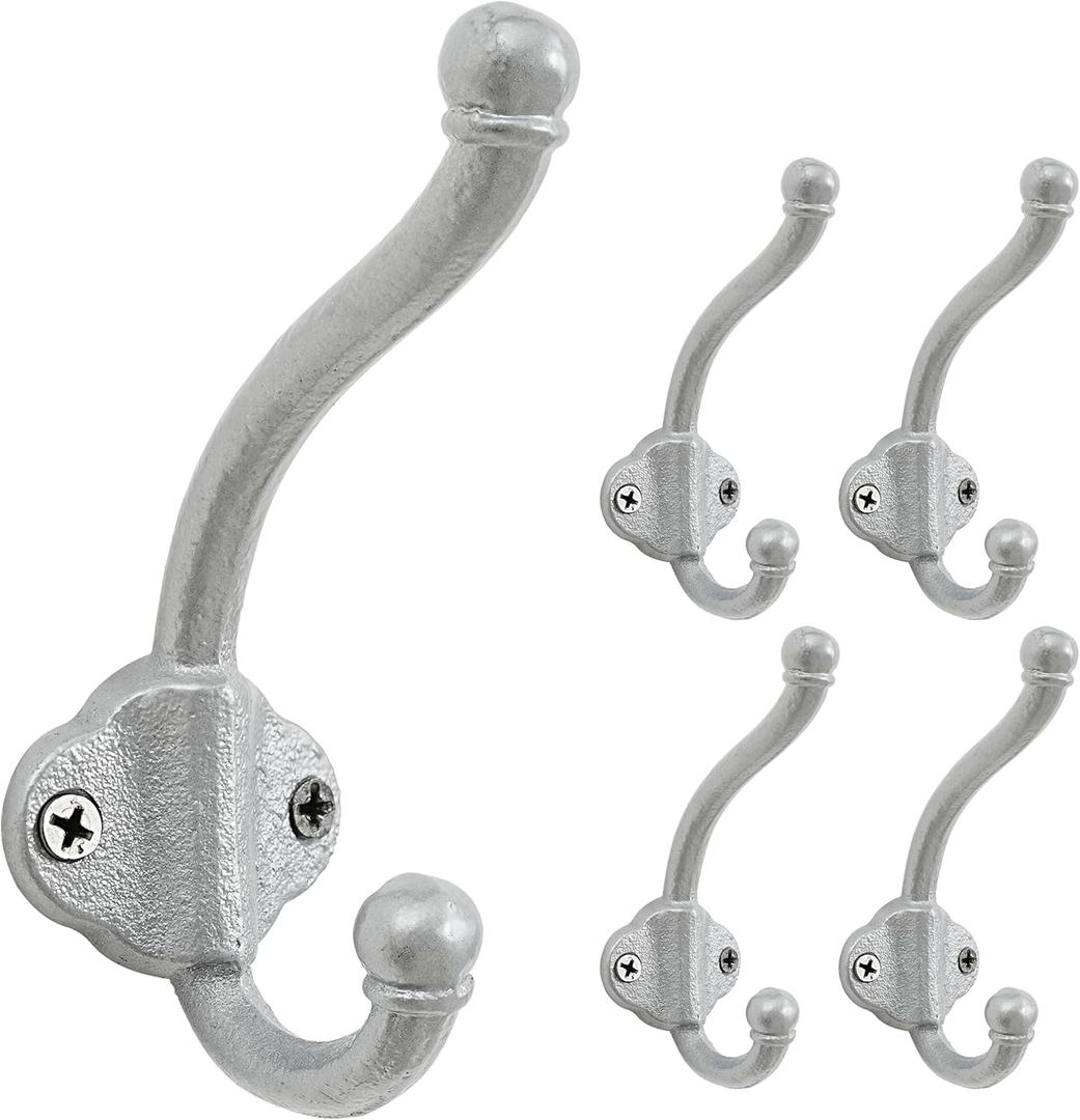 Dseap Cast Iron Wall Hooks L=5, Heavy Duty Coat Hooks, Rustic Vintage Farmhouse Hook for Hanging Winter Coats Jackets Towels Hats Bags Plants, Silver, Pack of 5 (VintageBold)