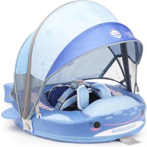 Mambobaby Baby Float with Canopy & Tail Non-Inflatable Baby Swim Float Upgrade Soft Infant Pool Float Sun Protection Newborn Pool Float 3-24 Months Skin-Friendly Material for Toddler Boys Girls (SHARK BLUE)