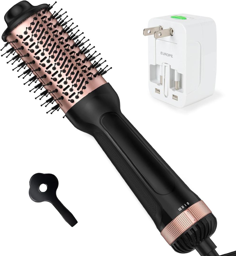 Dual Voltage Hair Dryer Brush with European Plug,Travel Blow Dryer Brush for Blowout Look, One-Step Hot Air Brush Volumizer,Smoothing,125V/220V