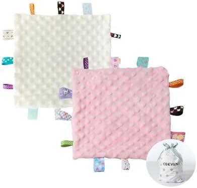 CREVENT Tag Security Blankets for Babies, Soft Small Loveys for Girls, Baby Comforter Sensory Blanket, Great Gifts for Birthday Baby Shower 10"X10" (Ivory,Pink)