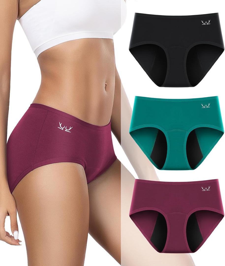 Period Underwear For Women Heavy Flow, Leakproof Panties High Waisted Cotton Postpartum Teens Hipster Briefs 3 Pack (XX-Large, Mid Rise-black Red Green)