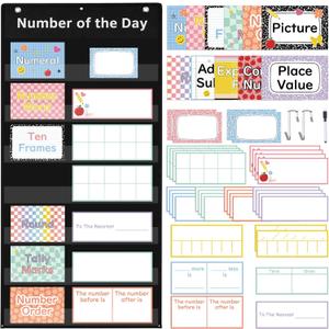Gersoniel Pastel Math Number of The Day Pocket Chart Small Math Classroom Pocket Chart with 66 Dry Erase Cards Erase Pen for Home Classroom School Decor Teacher Supplies(Composition)