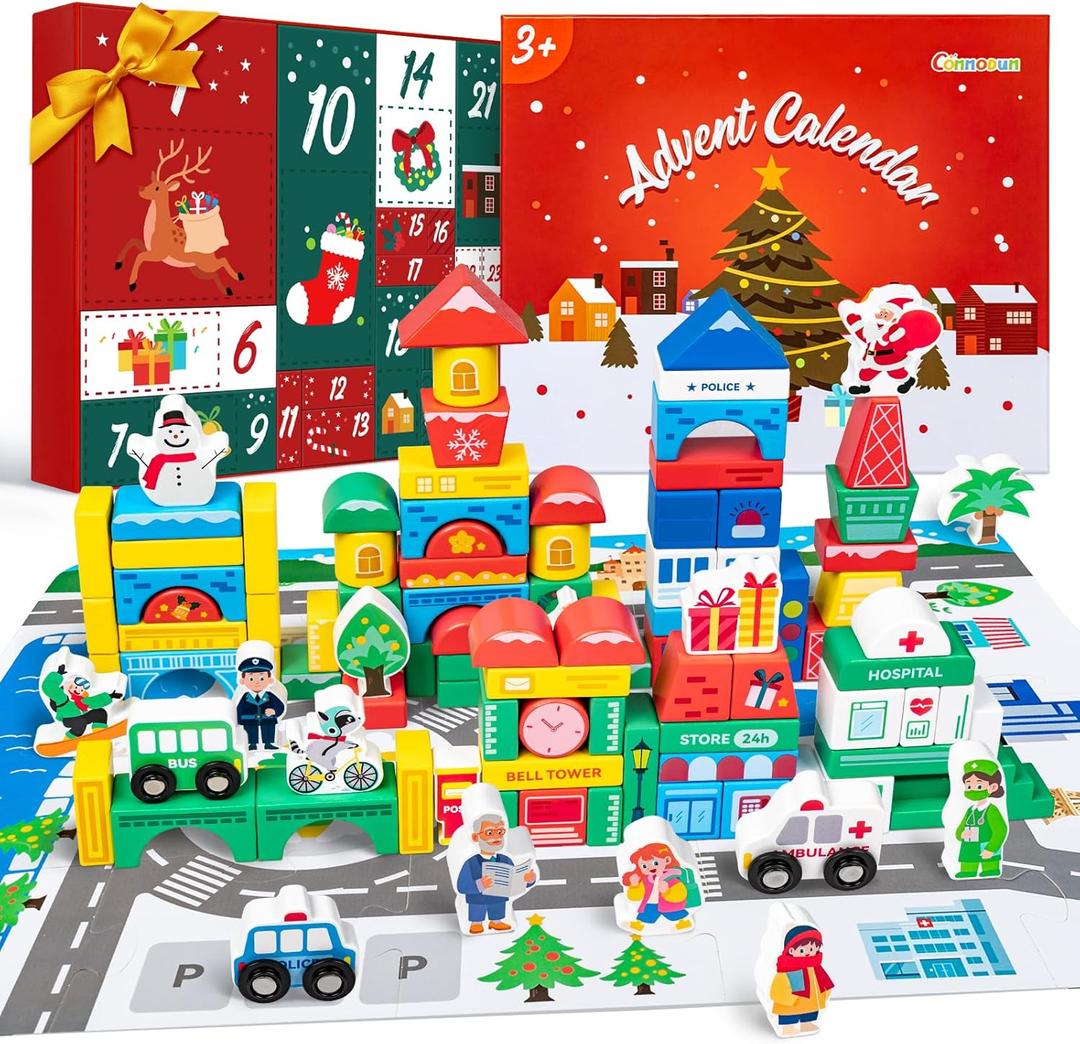 Christmas Advent Calendar Gifts for Kids, Commodum Wooden Building Blocks Set, City Construction Stacking Preschool Learning Toys, 24 Days Xmas Countdown Montessori Gifts for Toddlers Boys Girls 3+