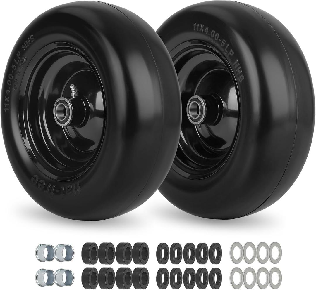 11x4.00-5 Flat Free Lawn Mower Tire and Wheel with Bearing Bore 3/4" or 5/8", 3.4"-4"-4.5"-5" Centered Hub, Smooth Tread Tire for Zero Turn Mowers, 2 Pack