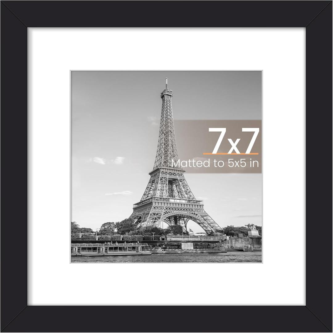 7x7 Picture Frame, Display Pictures 5x5 with Mat or 7x7 Without, Wall Hanging Photo Frame, Black, 1 Pack