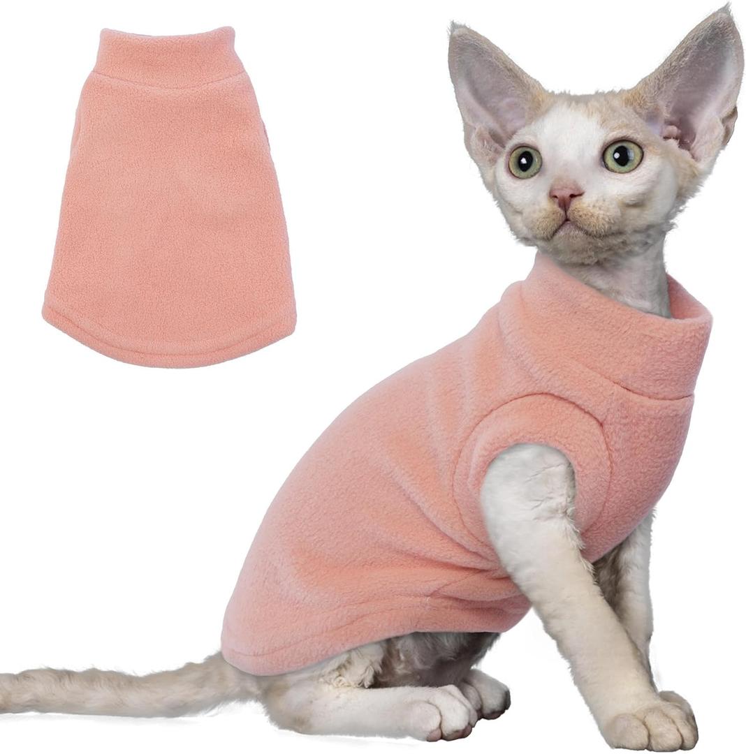 PUMYPOREITY Cat Sweater, Warm Kitten Clothes, Fleece Winter Coat for Hairless Cats, Soft Dog Fleece Vest, Cold Weather Pet Sweater for Dogs and Cats, Pink, Medium