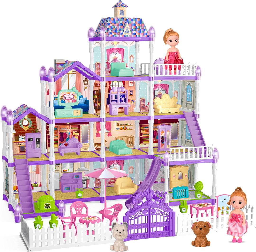 OCTERIC Doll House for Girls ,13 Rooms Doll House with 2 Dolls, Lights, Puppies ,Furnitures, Accessories, Toddler Playhouse Gift for for 3 4 5 6 7 8 9 10 Year Old Girls Toys (Purple)