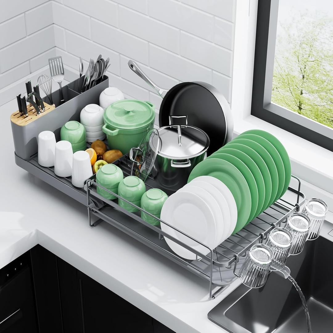 Kitsure Extendable Dish Drying Rack, Large Drying Dish Rack with Cutlery & Cup Holders, Multifunctional Dish Racks for Counter with Drainage, 18.2"-25.7" L x 12.9" W, Grey (Gray)