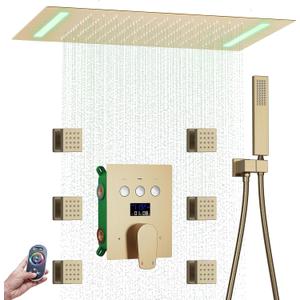 Bathroom Shower System Ceiling 14x20 Inch Shower Head, Spray With Handle, 6 PCS Body Jet And Handheld, Temperature Display Shower Faucet Set (Brushed Gold)