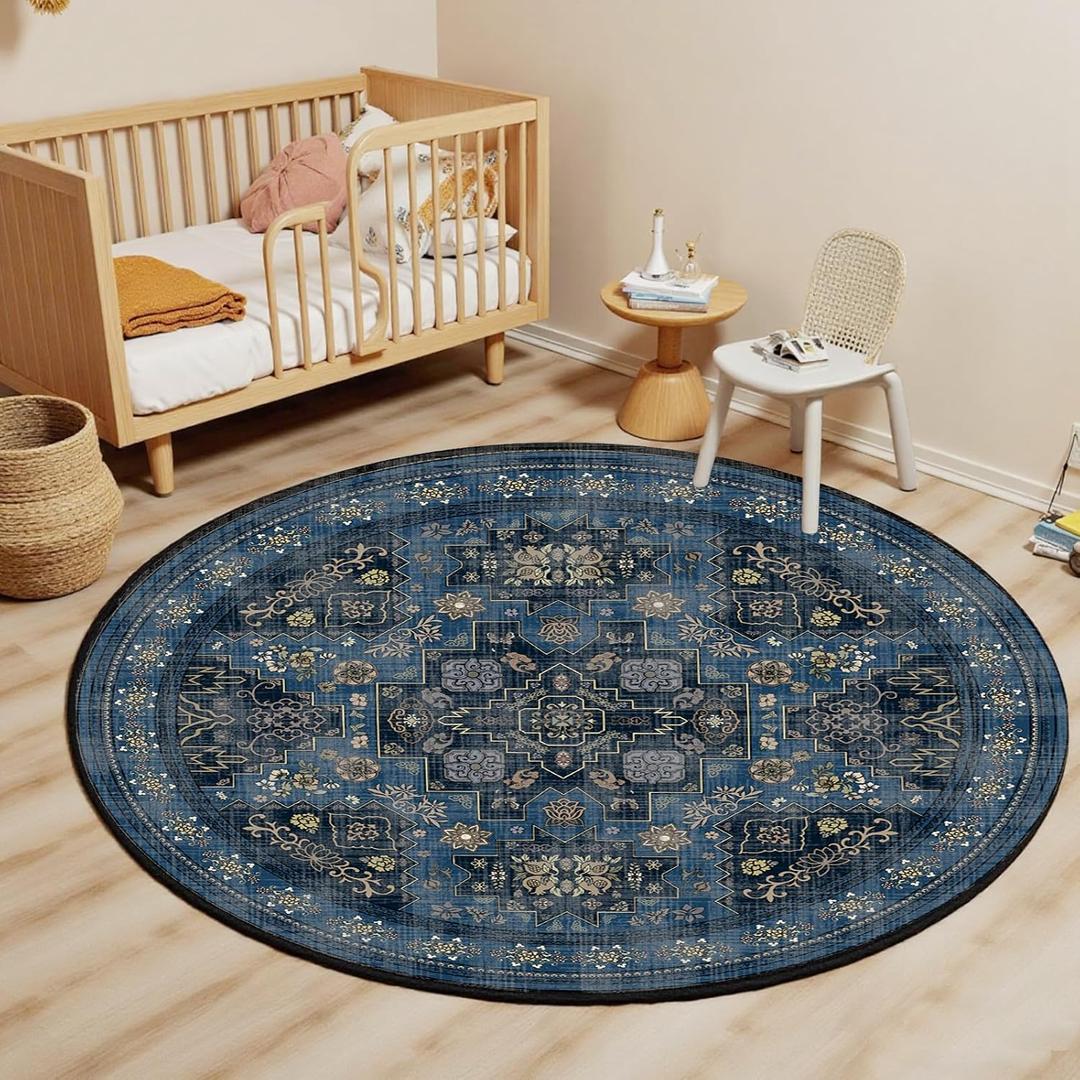 Round Rug 4ft Vintage Boho Small Circular Rug Washable Circle Rug Non-Slip Low Pile for Bedroom Kids Room Office Entryway College Dorm Bathroom, Blue