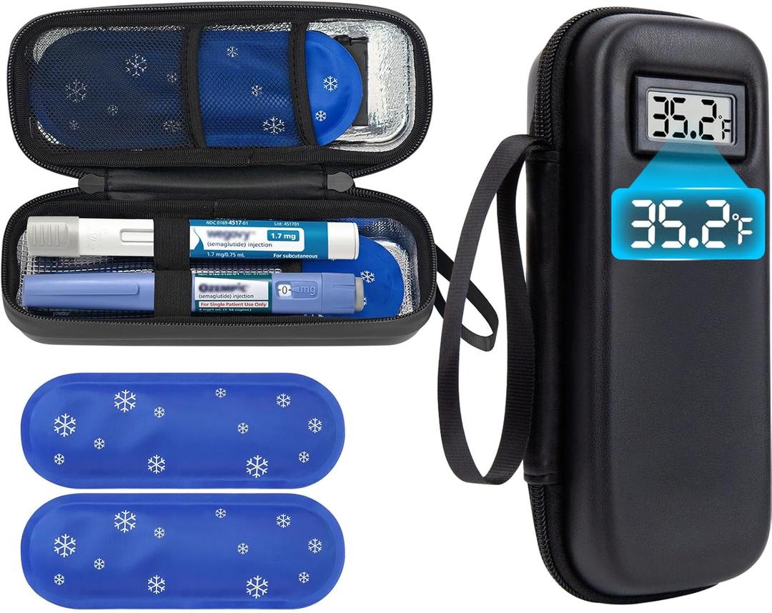 Insulin & GLP-1 Travel Cooler Case with Temperature Display, TSA Approved Portable Medical Cooler for Ozempic Wegovy Mounjaro Zepbound Pens, Diabetic Medicine Cooler Bag with 2 Ice Packs