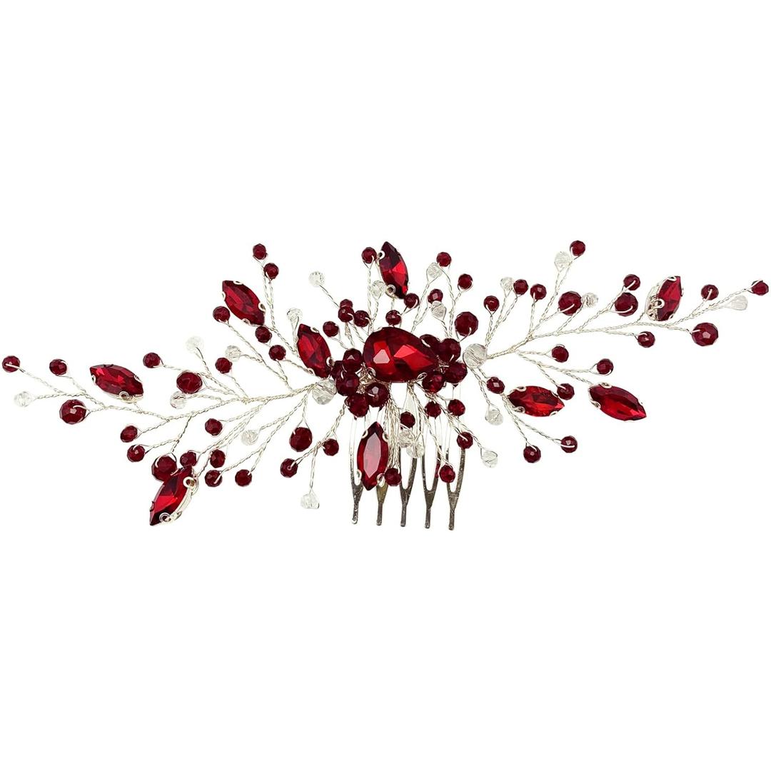 Bridal Wedding Hair Comb Wine Red Crystal Sliver Hair Vine Piece Accessories for Women Girls Party Banquet (Wine Red)