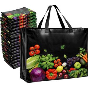Simply Cool 50 Pack Reusable Grocery Bags, Large Tote Bags Bulk, Printed | 13”x12.6”x7.25" Heavy Duty Non-woven Black Shopping Bags with Handles, Foldable, Washable for Retail and Commercial use
