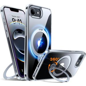 TORRAS 360 Spin for iPhone 16e Case 2025 with Stand, Fit for MagSafe, 4X Military-Grade Protective, Rotatable Kickstand Phone Case for iPhone 16e Case, Ring Holder Slim Cover, Crystal Clear 6.1''